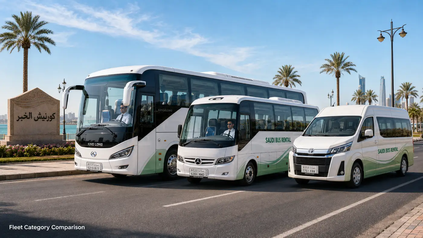 Saudi bus rental fleet comparison with vans minibuses buses and coaches