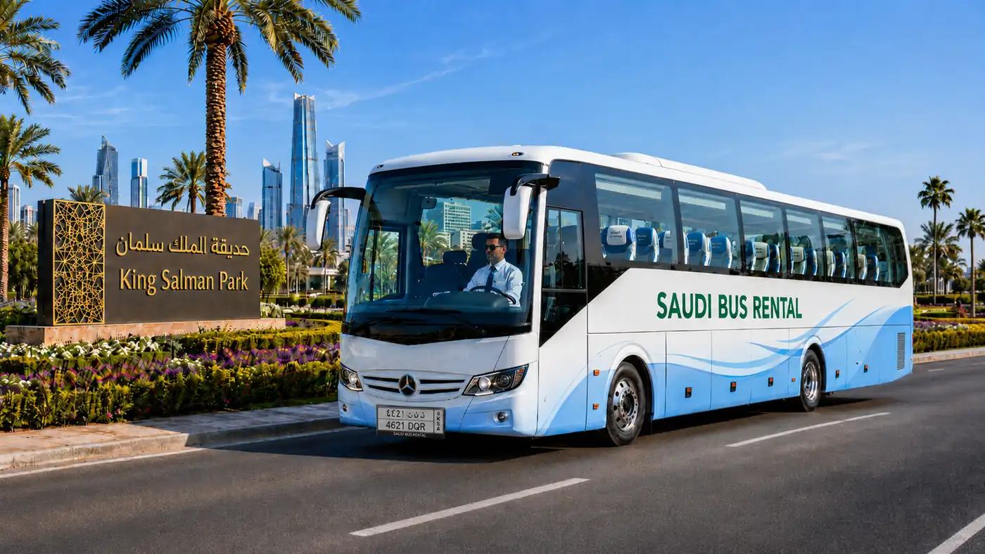 Saudi Bus Rental homepage preview with buses and passenger transport in Saudi Arabia